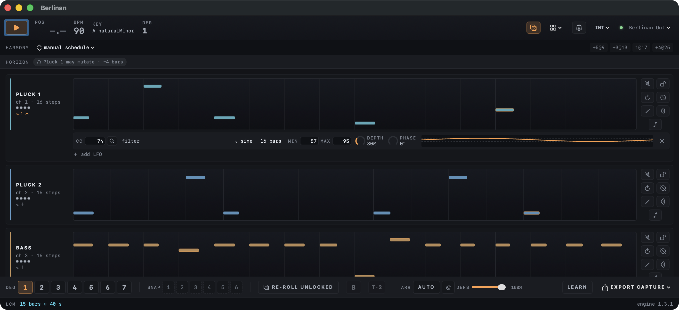 The Berlinan window playing: three voice lanes (two plucks and a bass) with note strips and playheads, a transport bar with position, tempo and key, the harmony schedule, and a horizon strip announcing that Pluck 1 may mutate soon.