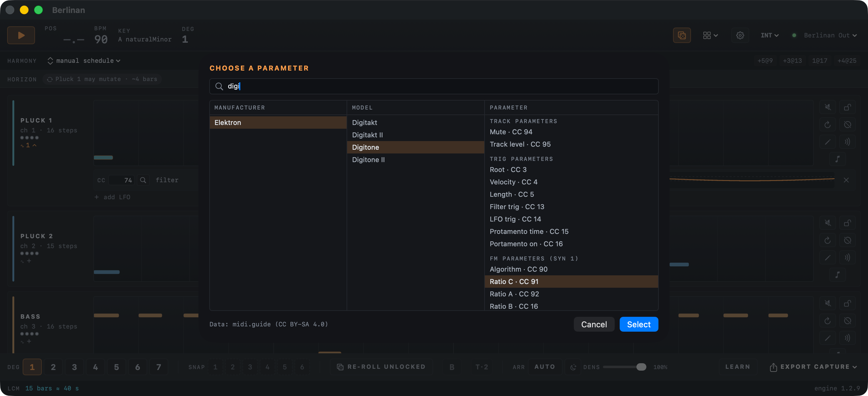 The parameter list after typing digi: Elektron selected, models Digitakt, Digitakt II, Digitone and Digitone II, and the Digitone parameters with Ratio C on CC 91 selected.