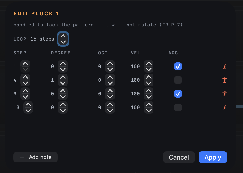 The Edit Pluck 1 sheet: loop length, a table of notes with step, degree, octave, velocity and accent, Add note, Cancel and Apply.