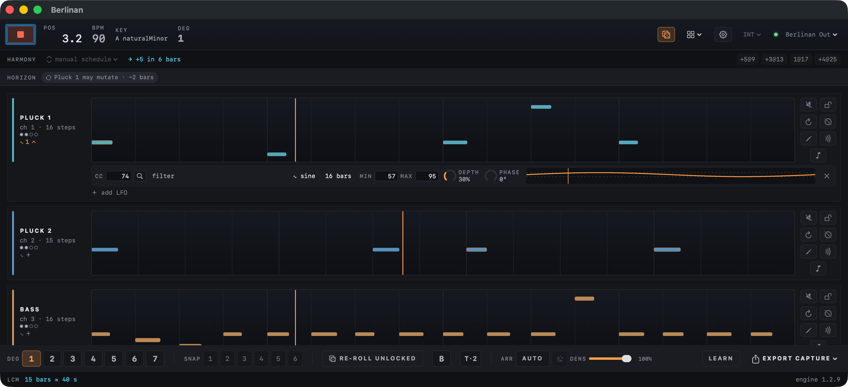 The CC LFO strip under the Pluck 1 lane: CC number 74 with the magnifier and the name filter, shape sine, 16 bars, Min 57 and Max 95, the Depth and Phase knobs, and the curve with the playhead.