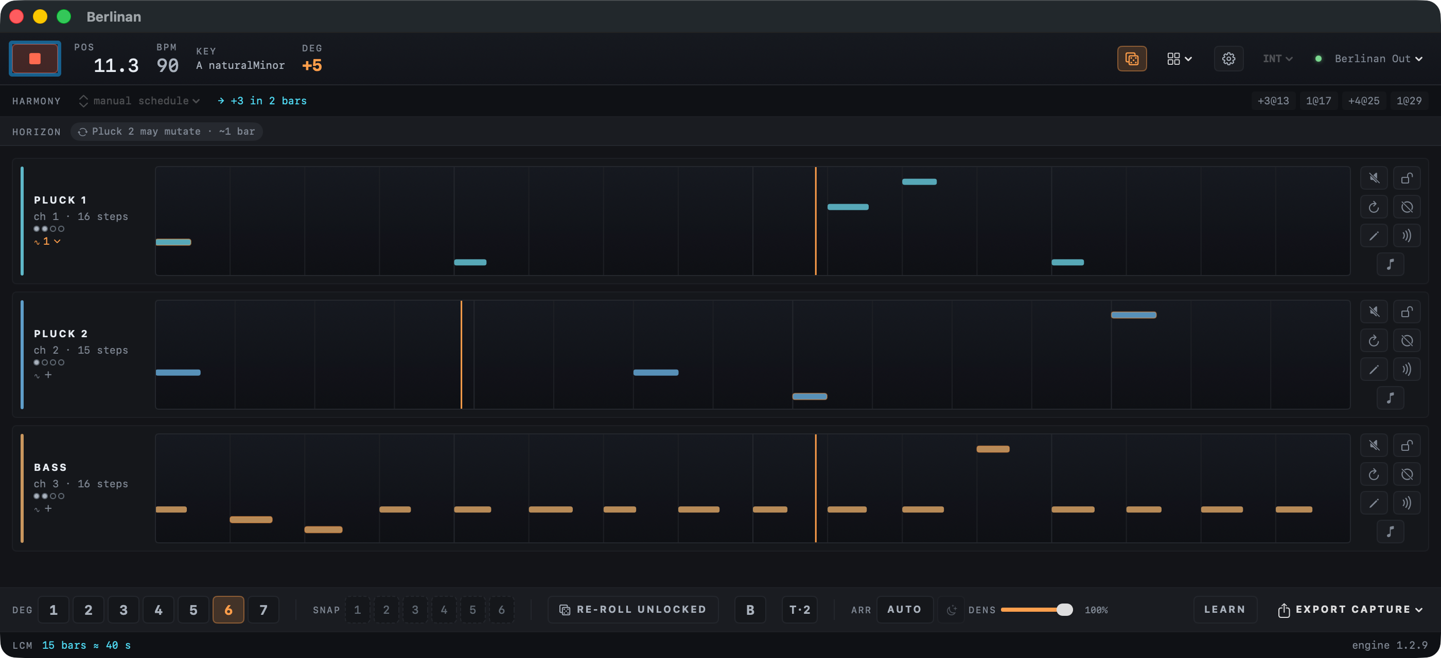 The Berlinan main window while playing, with its six bands marked: transport bar, harmony strip, horizon strip, voice lanes, performance panel and LCM footer.