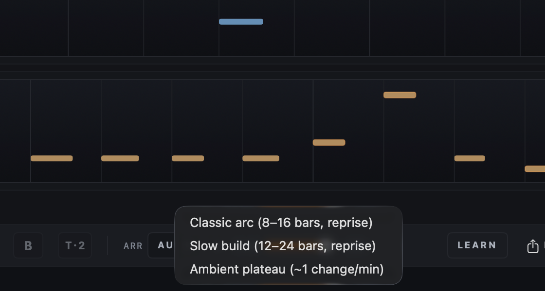 The menu that opens when you right-click AUTO: Classic arc, Slow build and Ambient plateau.
