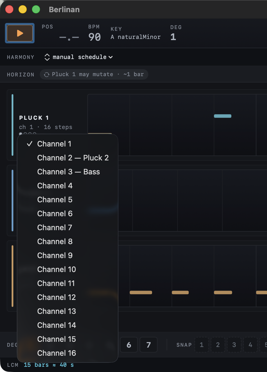 The channel menu of Pluck 1 open: Channel 1 checked, Channel 2 marked Pluck 2, Channel 3 marked Bass, channels 4 to 16.