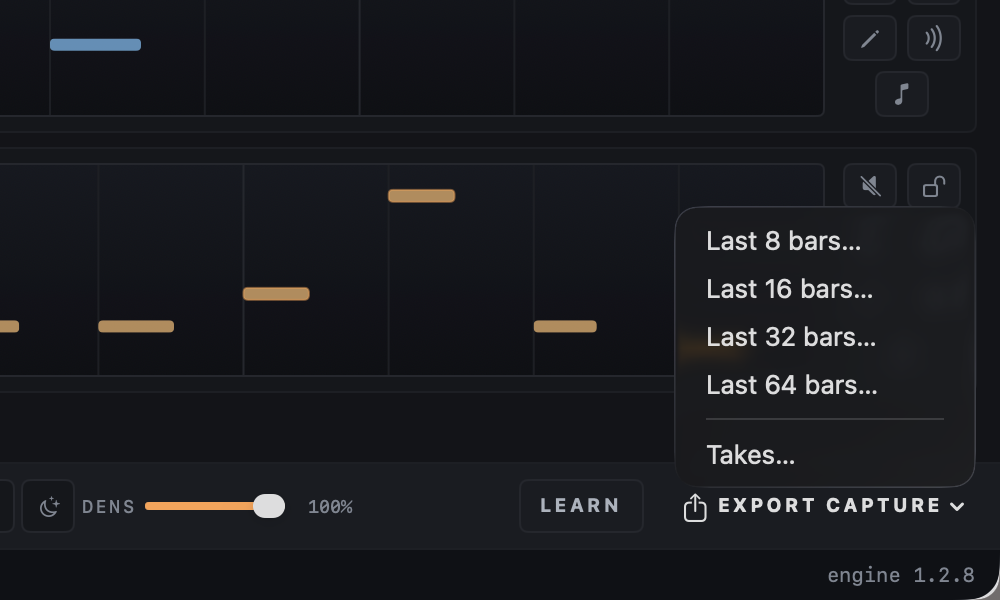 The Export Capture menu: Last 8, 16, 32 and 64 bars, and Takes.