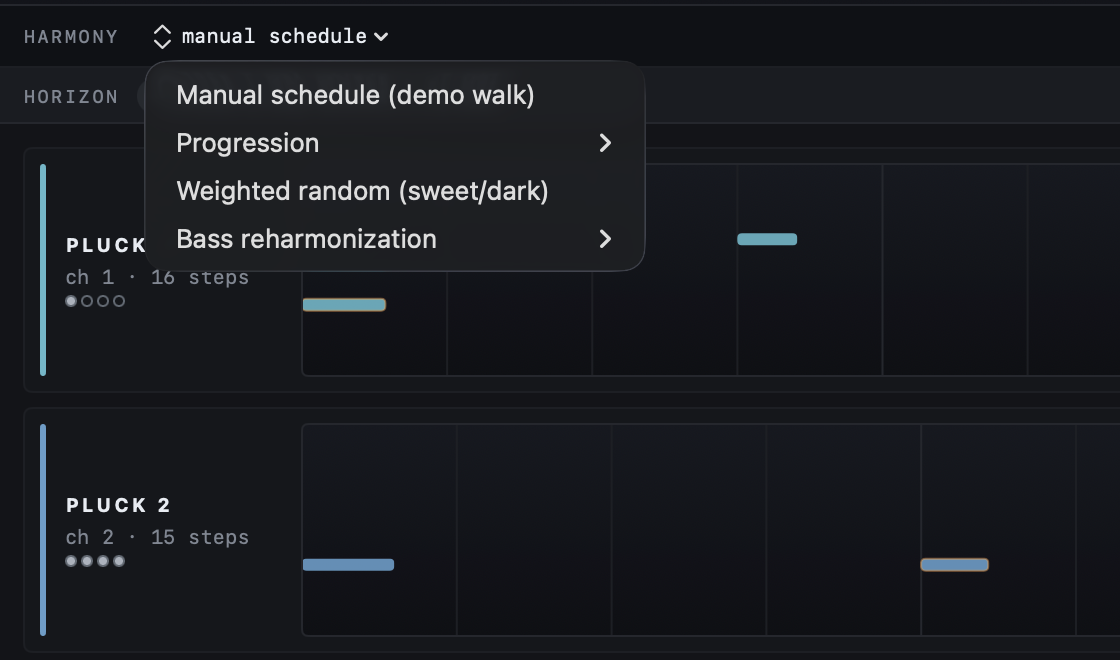 The harmony mode menu open: Manual schedule, Progression, Weighted random and Bass reharmonization.