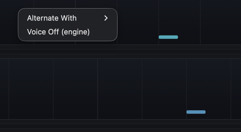 The lane context menu: Alternate With and Voice Off (engine).
