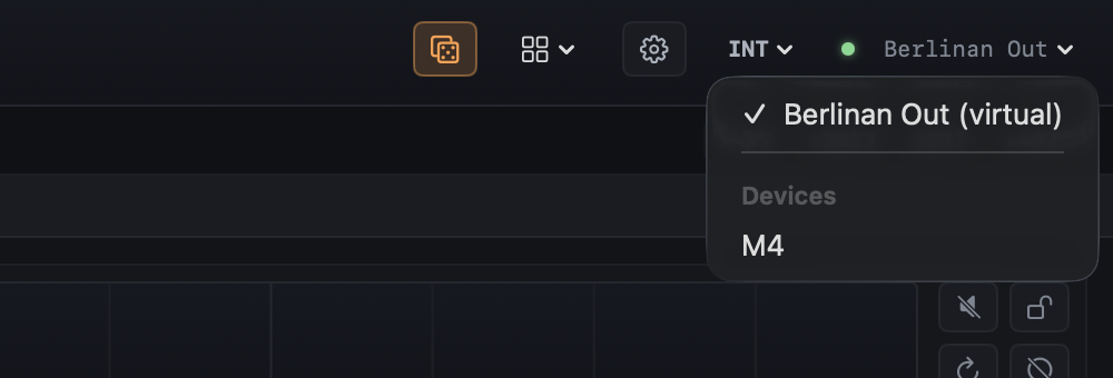The MIDI output menu open: Berlinan Out (virtual) checked, and a connected device M4 under Devices.