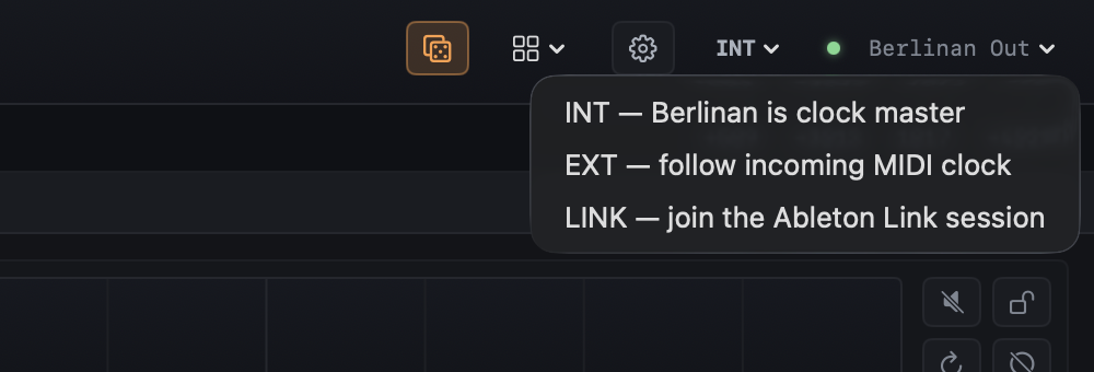 The clock source menu open: INT, EXT and LINK.