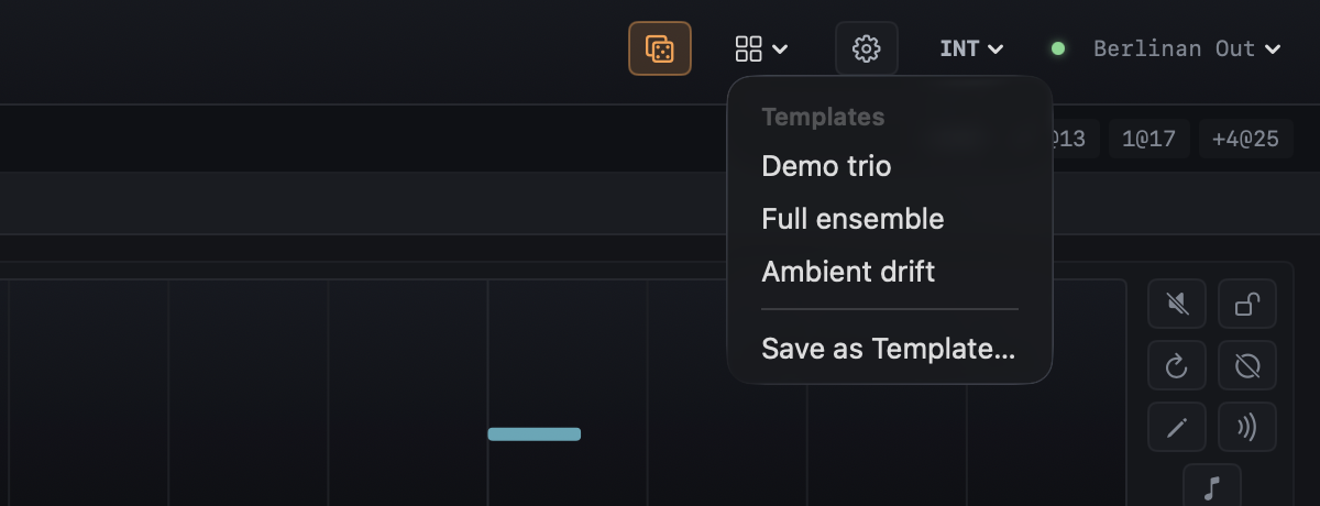 The templates menu open: Demo trio, Full ensemble, Ambient drift and Save as Template.
