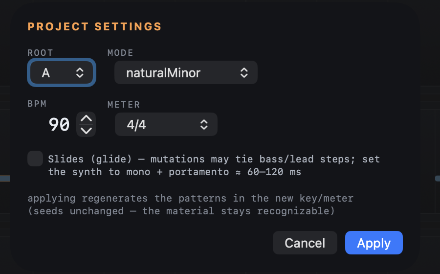 The Project Settings sheet: root and mode pickers, BPM stepper, meter picker, slides checkbox, Cancel and Apply.