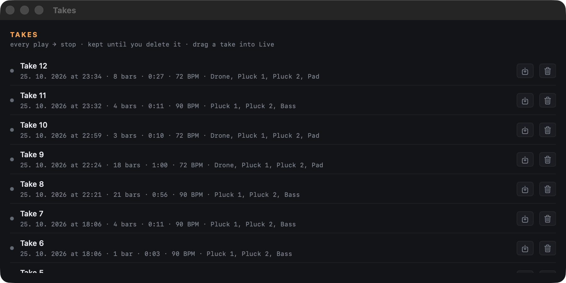The Takes window listing seven takes, each with name, date, length, duration, tempo and voices, and save and delete buttons.