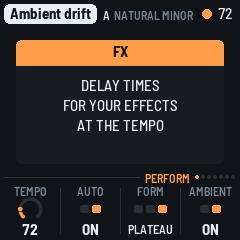 FX's card over the Perform page: DELAY TIMES FOR YOUR EFFECTS AT THE TEMPO